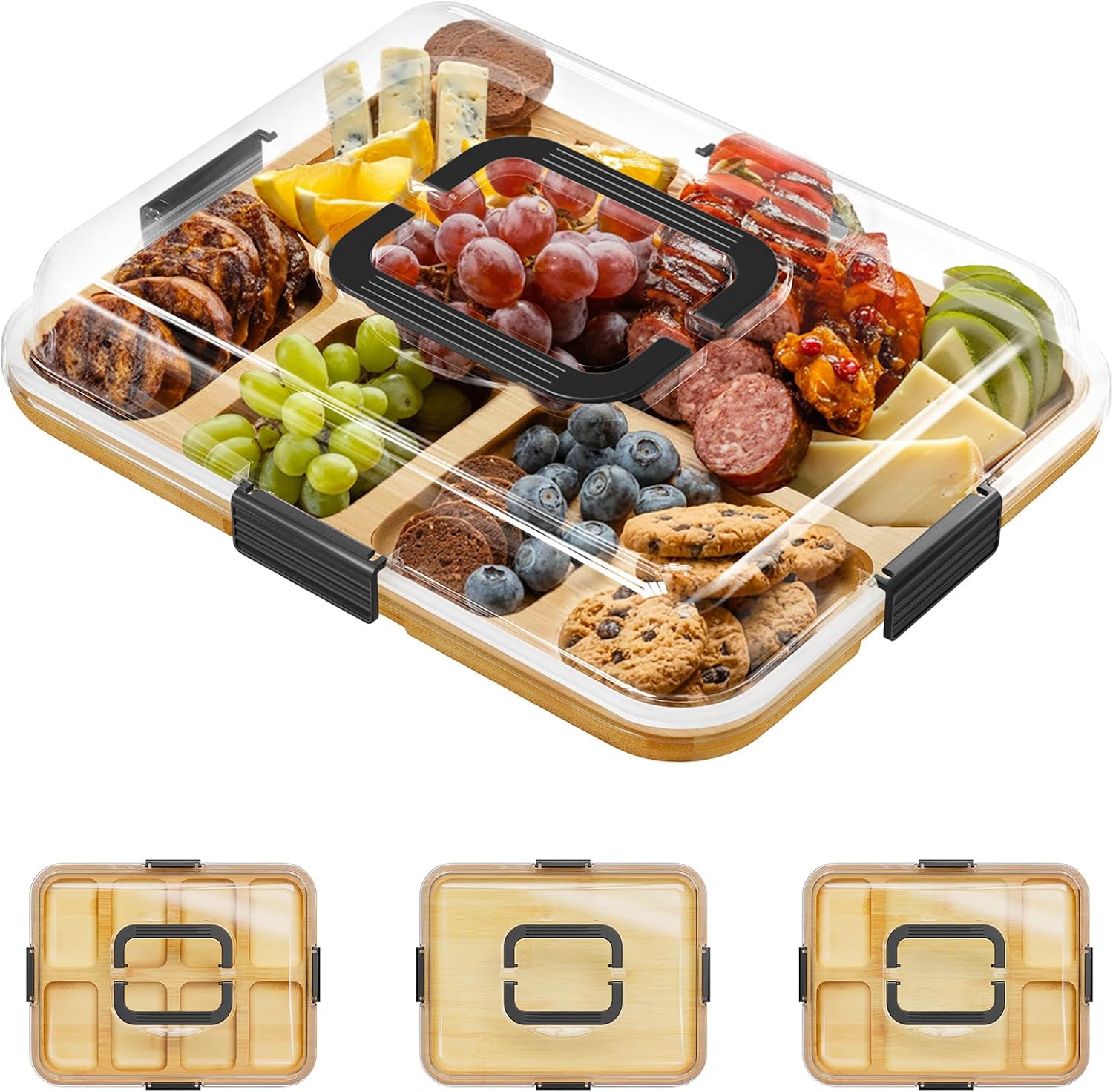 SpaceAid Charcuterie Board with Clear Lid, Portable Travel Cheese Cutting Boards for Picnic Accessories, Bamboo Serving Tray with Lids